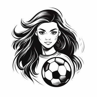 monochrom logo of a young girl, long hair, with a soccer ball, wearing soccer suit, front of goal, White background, Disney inspired, Clipart