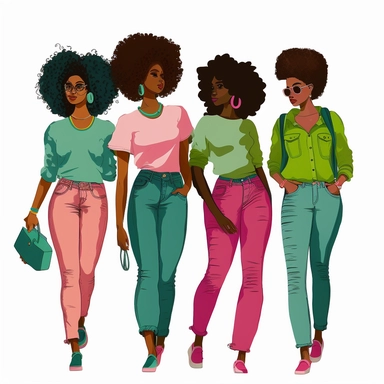 Full body group of black women wearing pink and apple green shirts and blue jean pants large curly black natural hair clipart, Fashion Illustration, ar--1:2