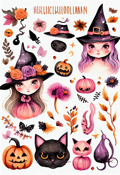 a pretty boho fun art collection on a white background with margins, pink orange and black Halloween cats spiders pumpkins witch hats, watercolor, clipart,