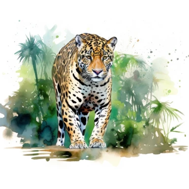 watercolor clipart, white background, a stunning jaguar, showcasing its wild beauty amidst the rainforest