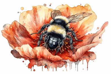 Aquarelle Bumble Bee Clipart a poppy flower, detailed painting, white background, single design, isolated white background, 8k, spaced out
