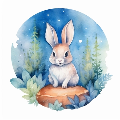 Easy to cut, Dreamy watercolor cute bunny in an imaginary forest clipart