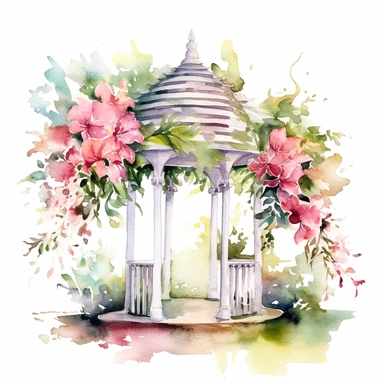 Watercolor Floral Gazebo Clipart, white background