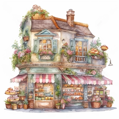 a very cute bakery shop with lots of cake and dessert , clipart, exterior view, cozy, flowers, luminious, dramatic lighting, super detailed, daytime, Thomas Kinkade style, watercolor, 8k, on isolated white background