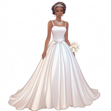 full body beautiful brown melanin 18 year old debutante wearing a modern modest white wedding gown, wearing long white gloves and crown on her head with white background.. 300 dpi vector clipart.. character drawn with thick black lines like for a coloring book.. no watermarks.. white background