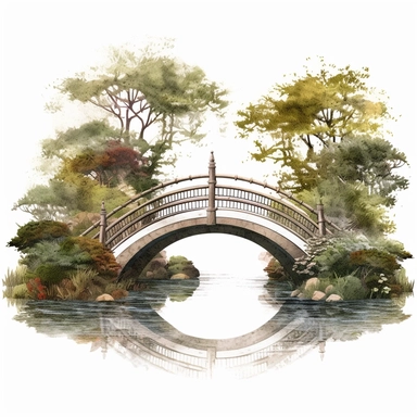 one garden bridge clipart on a white background, in the style of chie yoshii, heavy texture, artgerm, hiroshige, realistic and naturalistic textures, nature-inspired shapes, die brücke , no watermark, text, 300 DPI , typography, shapes do not stick together, no text in the picture, on a white background