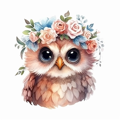 watercolor style, cute baby owl, smile, wear flower crown, white background, pixar style details Sublimation Clipart,hyper realistic, intricate detail, illustration style, isolated on white background for removing background