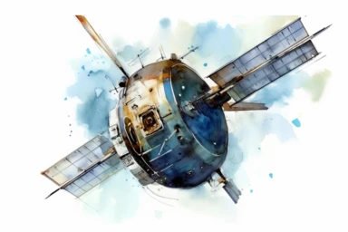 Watercolor, Design an image highlighting a satellite in a Molniya orbit, optimized for communication in high latitudes with a highly elliptical orbit clipart, hd, on a white background, spaced out