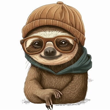 clipart of a sassy brintable sloth wearing a beanie and glasses