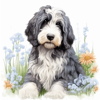 bernedoodle with all light gray coat and blue eyes, white background, HD, clipart, spring, happy, garden