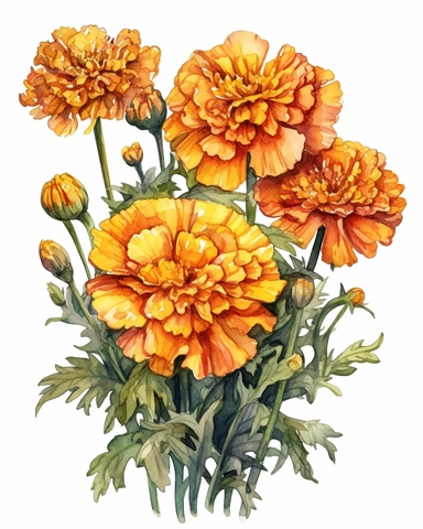 detailed vibrant watercolor bridal bouquet of 8 large yellow marigold flower , isolated on white background, realistic, clipart
