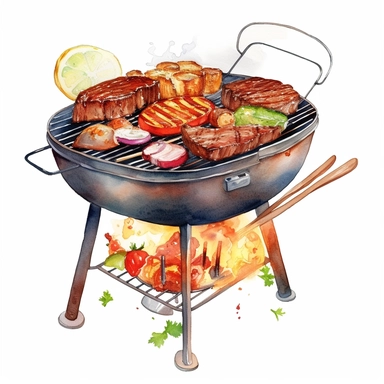 Watercolor BBQ Clipart - Barbeque grill kebab clipart , Watercolor Clipart , original hand drawing, style of the artwork, mood of the artwork, white background, 8K quality, ultra detailed , clipart, white background, High Quality, ultra detailed
