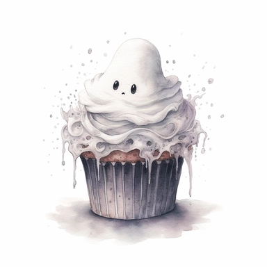 A watercolor pencil illustration of a spooky gothic white magic cupcake, delicious cupcake with a cute white ghost, Kubisi art, inspired by nicoletta ceccoli art, dark magic, watercolour illustration clipart, extremely detailed, 4k, high quality, isolated on white background