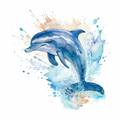 A clipart of a dolphin jumping out of the crystal clear water, created in watercolor style, all on a white