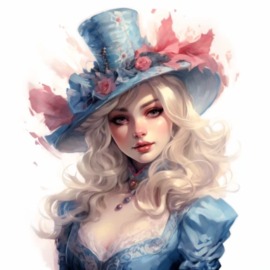 Crazy beautiful blonde victorian lady, speedpainting, ruby red and pastell blue, princesscore, pop kei, cartoon realism,white background,clipart