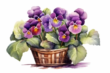 Watercolor , Primrose in a Metal mesh basket, clipart, hd, on a white background, spaced out