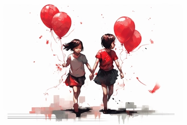 cute beutiful girl and girl holding hands, red half of the heart shape balloon geometric minimalist , valentine's day, top view, running in Tokyo, ink, Ghibli style, 8k, Leyka 35mm very detail clipart on white background space out 8k