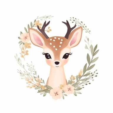 cute fawn in a dainty minimalist floral wreath, magical, kids art, clipart, isolated white background, 8k