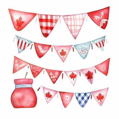 Design a cheerful watercolor clipart of a festive decoration like a banner, featuring Canada Day-themed colors and patterns. Add playful details to enhance its celebratory vibe. Ensure the clipart is a single element isolated on a clean white background, with a file size of 120K