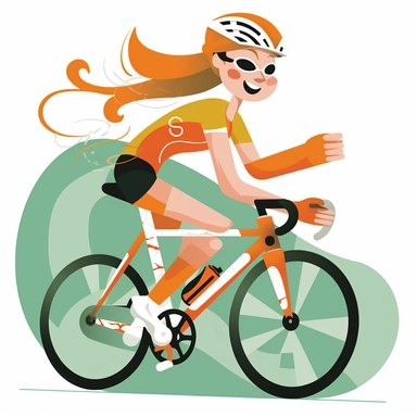 Triathlete girl riding a triathlon bicycle, wearing bicycle helmet, wearing a triathlon gear, with athletic outfits, full body, smiling, both hands over the aerobars, Sport graphics, action clipart, vector graphics, simple background, children’s book illustration by charley harper