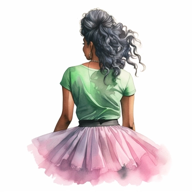 Black woman long curly braided hair, backview, pink shirt, green long tulle tutu skirt, detailed soft illustration, watercolor clipart , water color background