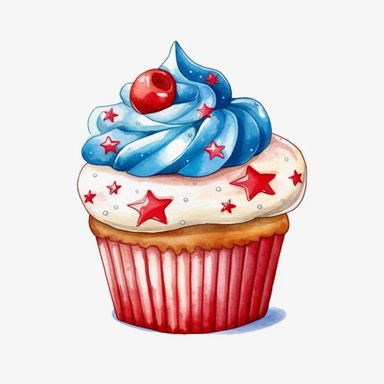 4th of July Patriotic Clip art of 4th of july patriotic cupcake, red, white & blue Full body realistic cartoon in 32K UHD cute, 8k with realistic watercolors and detailed illustrations. PNG clipart, Sublimation graphics, transparent white background for removing background - - no text shadow font watermark