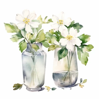Set of watercolour night jasmin flower clipart in a flower-vase white background