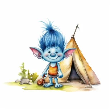 a watercolor, cute troll, hair standing up, blue hair, little nose, precious moments, camping, summer, clip art, contrasting colors, white background.