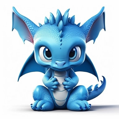 cute baby dragon with wings, blue, sad face looking to right side, clipart, 3D, toy, pure white background