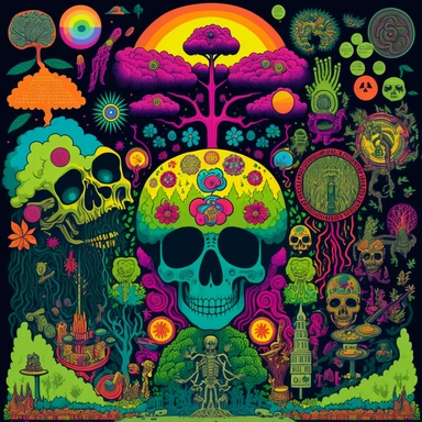 a full screen of poster board saturated and filled up with different psychedelic related elements, including such objects as big and small mushrooms, rainbows, ferns, large trees, skulls, many little happy-skulls, moons, stars, rocket ships, large tentacles, flying saucers with light beams, flowers from other planets, monkeys, in a jungle scene with many psychedelic colors and other random strange things and random fun clipart objects in an adventure time environment, green aliens, monkeys, smil