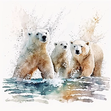 watercolor clipart a family Polar Bears playing in the snow in the Arctic regions of Alaska, Canada, Greenland, Norway, and Russia., digital illustration, 8k, hd ar 16:9 v5