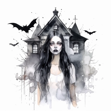 Clipart, watercolor, white background: A gothic witch with long, black hair and piercing eyes, standing in front of a spooky old mansion with bats flying overhead.