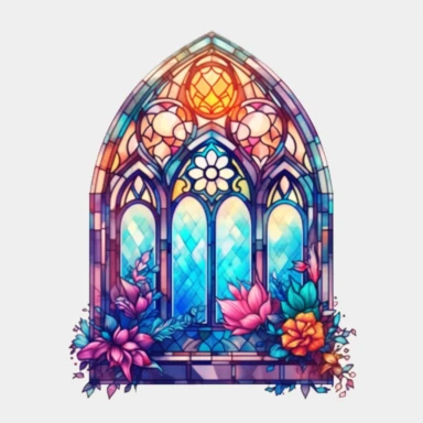 an intricate stained glass window design clipart, in the style of pastel gothic, #screenshotsaturday, reimagined religious art, multiple shapes,islamic art and architecture, watercolor illustrations, no background, vibrant colors, sunshine coming in through the glass, flowers at the bottom, high resolution, 8k