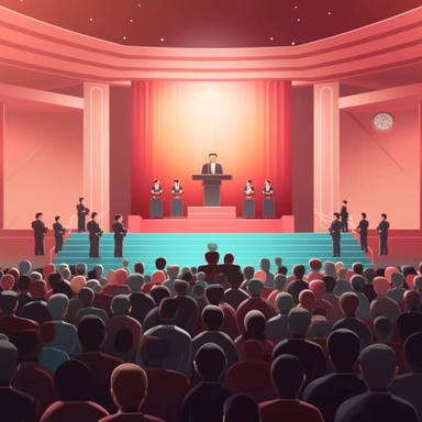 corporate clip art style background animation podium on a stage with a crowd below listening