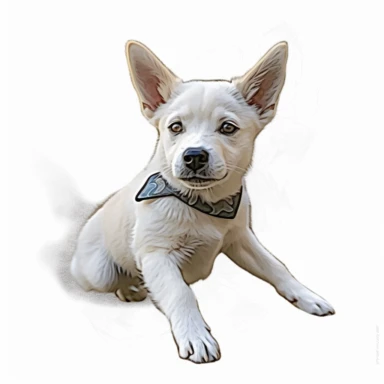 Watercolour white cute jingo puppy lost left 2 legs, beautiful details, ultra detailed, ultra photo real intricate detailed, high definition, graphic clipart, hyper realistic, detailed, white background