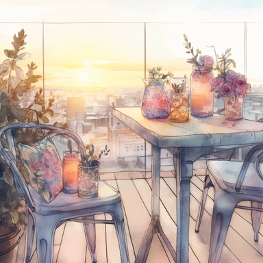 dreamy realistic watercolor drawing of a table and chairs at a rooftop bar and restaurant in the city with floral arrangements, alcohol and drinks, during golden hour, bright and light pink, pale peach, fade to blue boho style, muted color palette, white background, isolated on white, 8k, high detailed