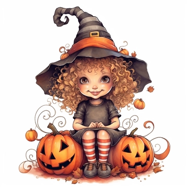 a happy little cute curly girl in a five-year-old witch's hat, pumpkin, web, spider, red, brown, style by Lusy Fleming, folk art, watercolor, clipart elements, smooth gradients, black contour outline, ultra detailed, white background, super clear, high quality