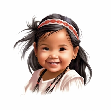 Adorable, cute, native indian american, long black hair, baby girl, happy, smiling, wearing a satin ribbon in her hair, extreme focus, professional artists rendition, no text, no logo, no name, no letters, Highly Detailed, clip art, white background, smooth edges, flawless Facial Features,