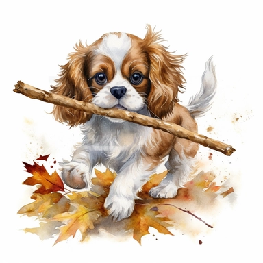 create a beautiful original high quality highly detailed watercolor clipart image of a very small happy and adorable king charles cavalier puppy playing fetch with a stick in the puppys mouth running through a fall and autumn setting, include high detail to the puppys fur and eyes, include detail to the scarf, include fall colors, white background, no text, no font, no words