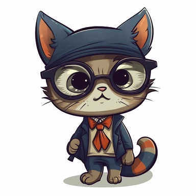 geek cat, cat dressed up in a neck tie and glasses, big eyes, cute, anime, cartoon, clipart