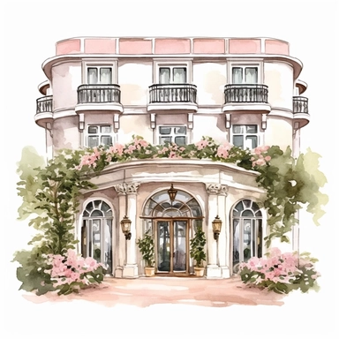hand drawn , watercolor, hyper realistic, white background, white margins, 16k, ultra detailed clipart, cut out image, hand-drawn, ultra HD, sharp and clean art a vintage hotel with delicate floral , capturing the romantic and feminine aesthetics often associated with vintage fashion and travel. light pink pastel