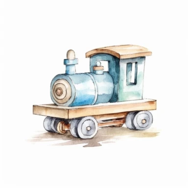 Clipart aquarelle, wooden train toy for little todler, soft colors, minimalistic, adorable, shabby on white background