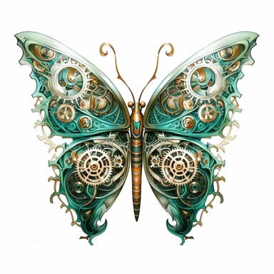 A delicate butterfly with wings detailed with intricate clockwork gears and cogs, with its colors echoing the shine of Sea Green and Antique White watercolour clipart, white background, no watermarks