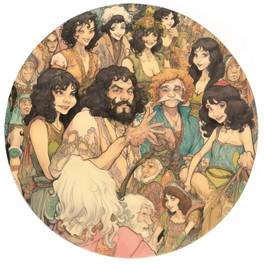 Josh Kirby's drawing depicting a crowd of cheerful onsen festival party-goers in swimsuits and yukata, European African Persian Orc Dwarf Elf, Josh Kirby Mad Max Lord of the Rings, handpainted enamel punk zine indie retrowave, clipart illustration full body character art, circular solid background, circular border