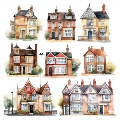 watercolor semi detached london houses , illustrations clipart set, simple, , cartoon elements ,different variants , separate elements with a margin