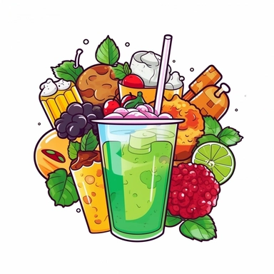 bubble tea with snacks fastfood elements Clipart, White Background, vector style sticker ar 1:1