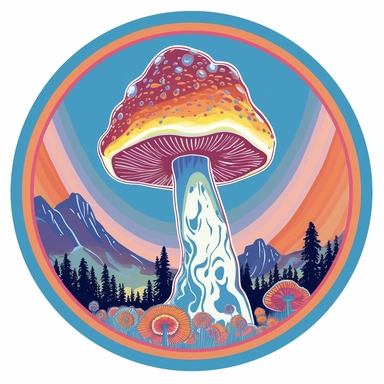 graphic bold, magic mushroom round logo, clipart, Colorado state flag colors