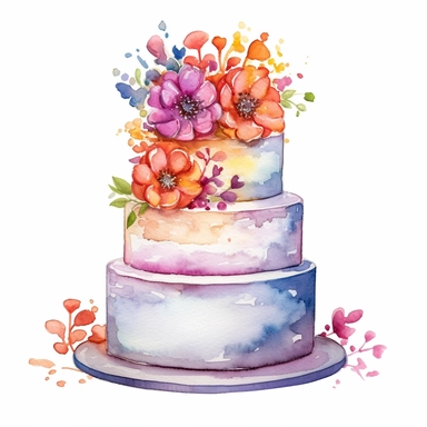 full perspective, watercolor three tier wedding cake clipart, vibrant colors, add flowers and glitter, on a white background