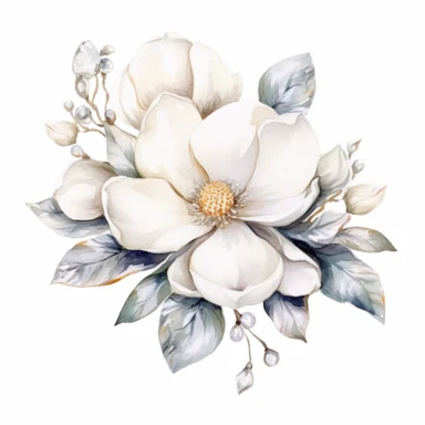 clipart magnolia, watercolor, white background, silver sequins