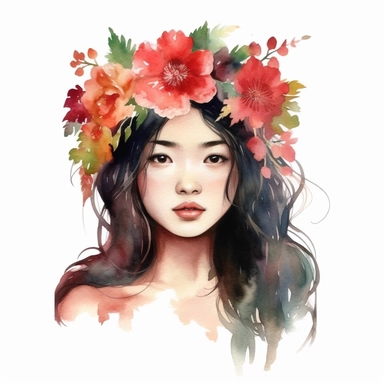 watercolor style, asian-origin girl with flowers on her head clipart, isolated on white background, hd